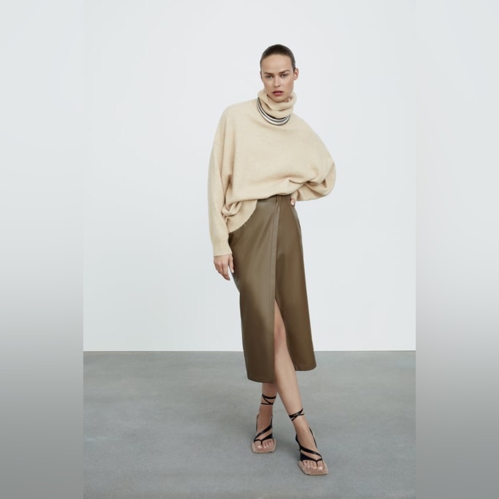 Zara Khaki Faux Leather Pencil Skirt